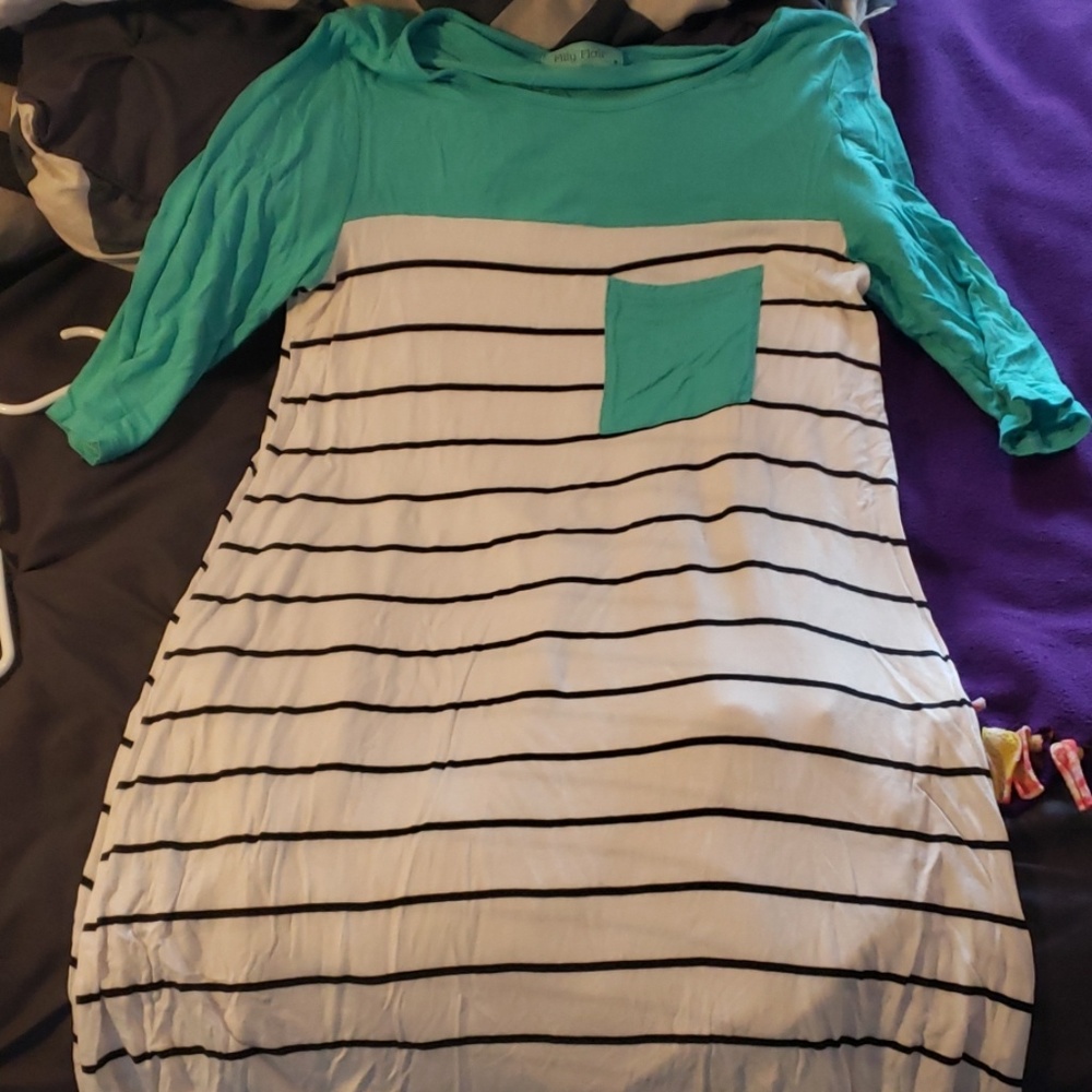 Teal and white/black striped dress